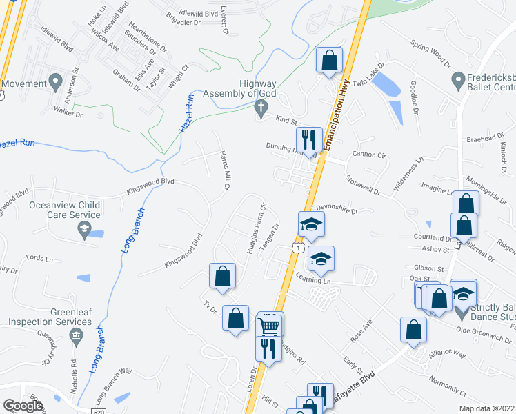 map of restaurants, bars, coffee shops, grocery stores, and more near 1433 Hudgins Farm Circle in Fredericksburg