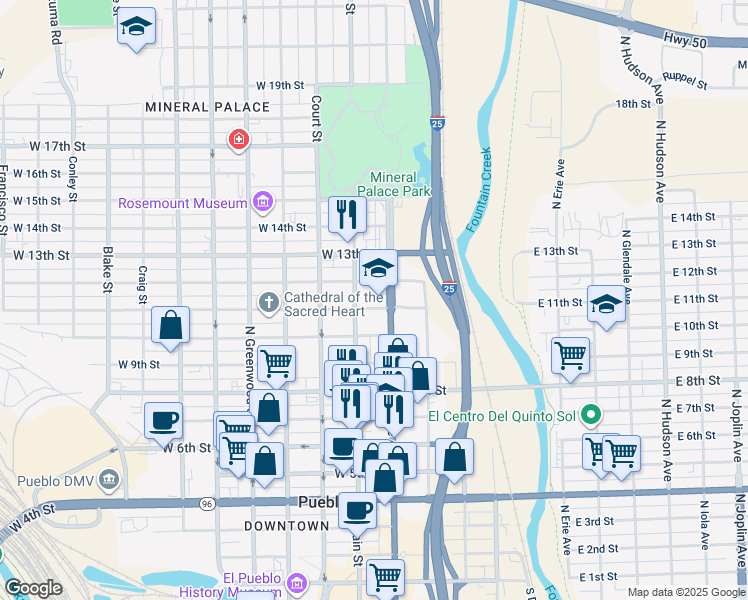 map of restaurants, bars, coffee shops, grocery stores, and more near 1028 North Main Street in Pueblo