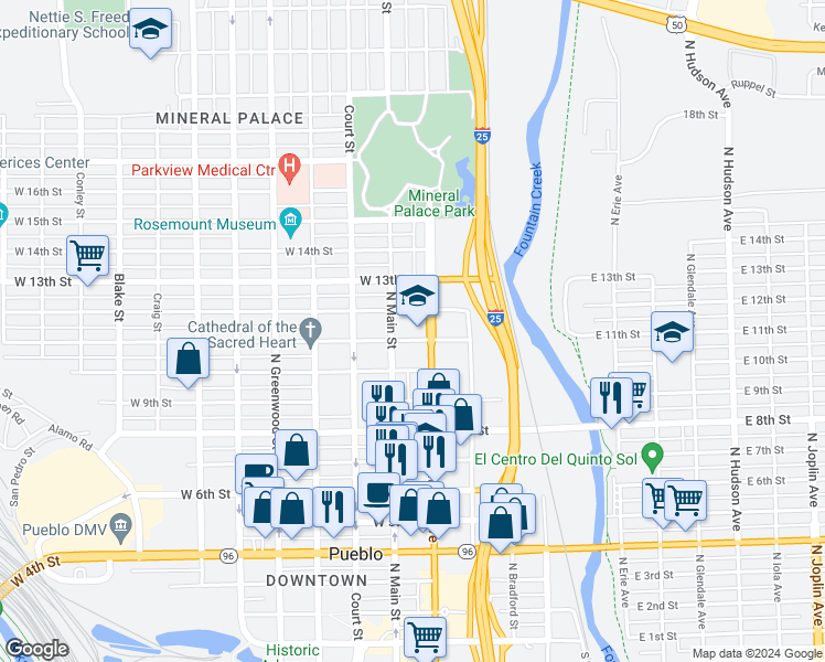 map of restaurants, bars, coffee shops, grocery stores, and more near 1028 North Main Street in Pueblo