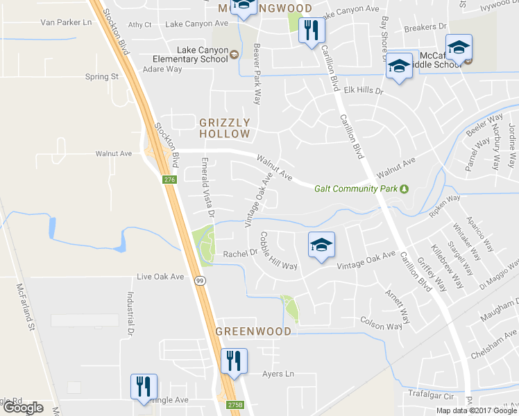 map of restaurants, bars, coffee shops, grocery stores, and more near 790 Alta Vista Court in Galt