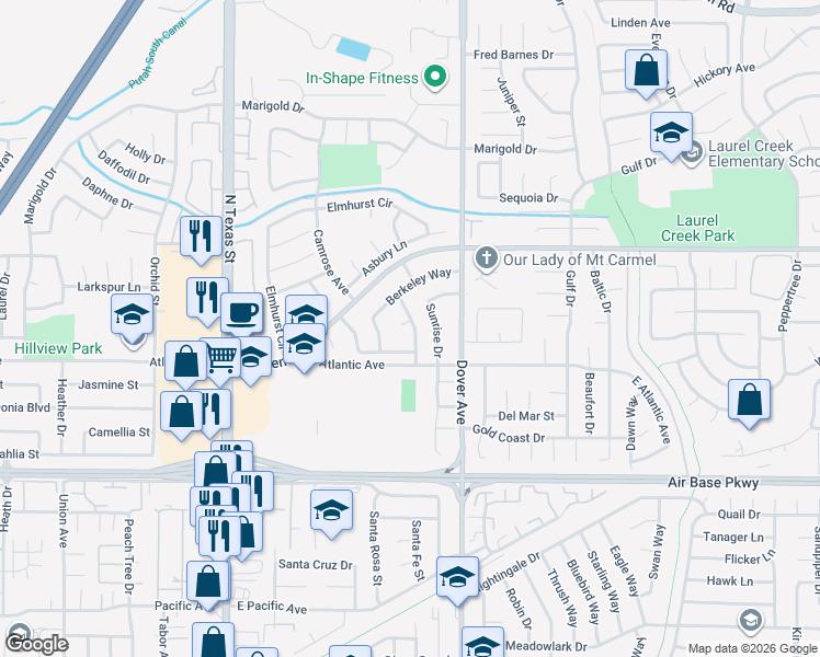 map of restaurants, bars, coffee shops, grocery stores, and more near 2526 Pembrook Way in Fairfield