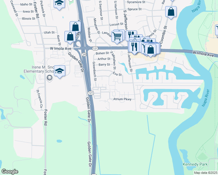 map of restaurants, bars, coffee shops, grocery stores, and more near 2105 Funny Cide Street in Napa