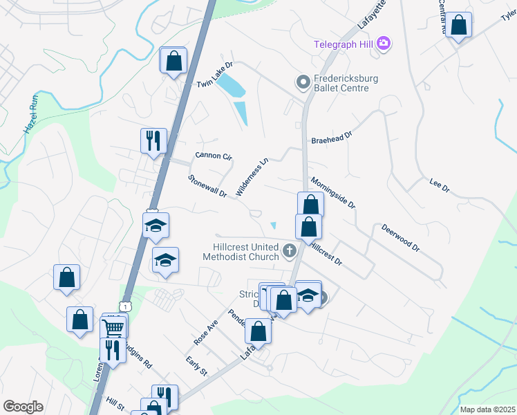 map of restaurants, bars, coffee shops, grocery stores, and more near 199 Stonewall Drive in Fredericksburg