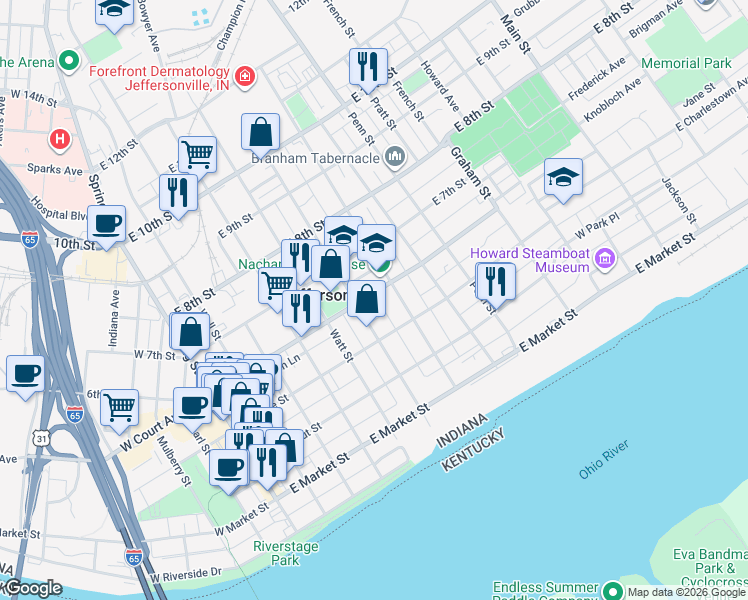 map of restaurants, bars, coffee shops, grocery stores, and more near 426 Meigs Avenue in Jeffersonville