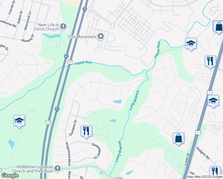map of restaurants, bars, coffee shops, grocery stores, and more near 11704 Walsh Court in Fredericksburg