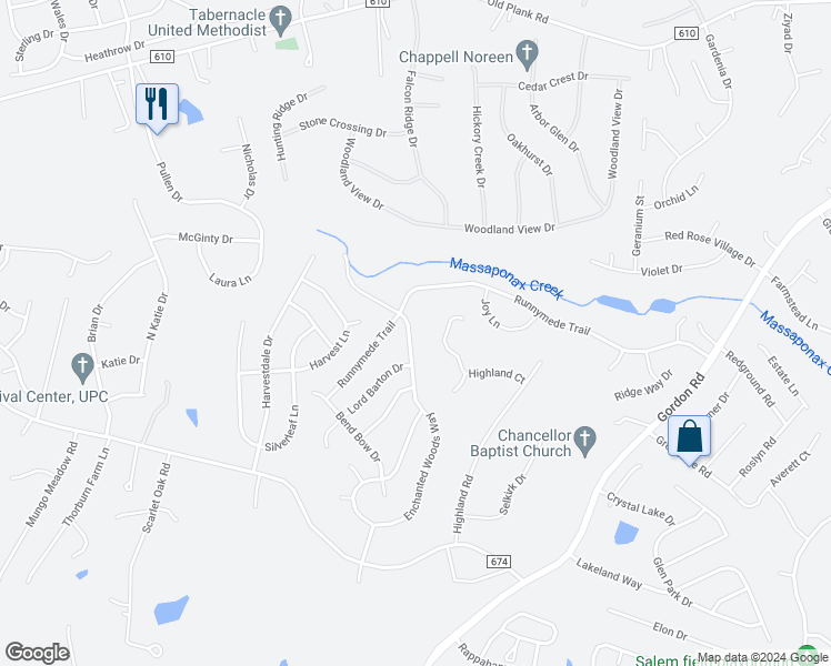 map of restaurants, bars, coffee shops, grocery stores, and more near 11623 Enchanted Woods Way in Fredericksburg