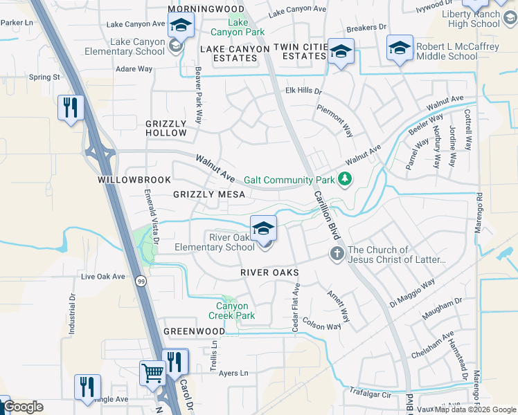 map of restaurants, bars, coffee shops, grocery stores, and more near 918 Katsura Street in Galt
