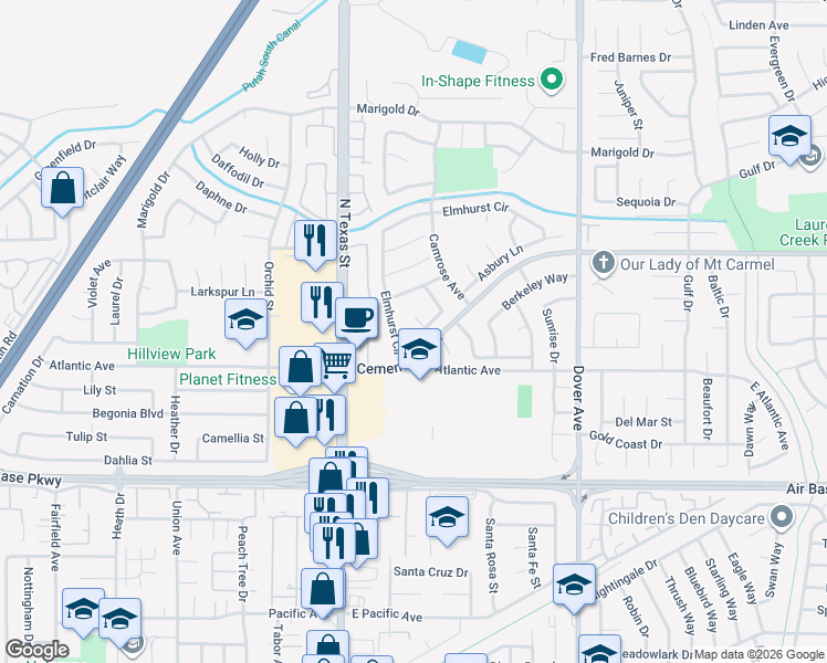 map of restaurants, bars, coffee shops, grocery stores, and more near 424 Chelsea Way in Fairfield