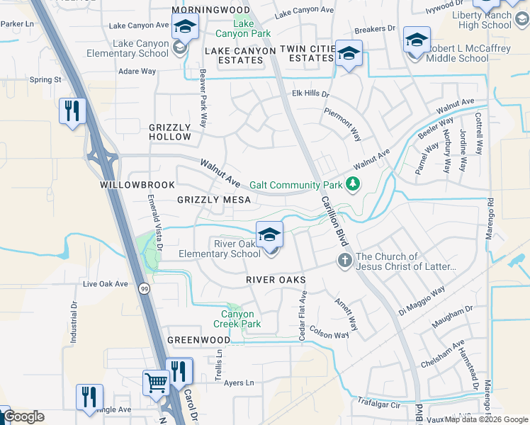 map of restaurants, bars, coffee shops, grocery stores, and more near 918 Katsura Street in Galt