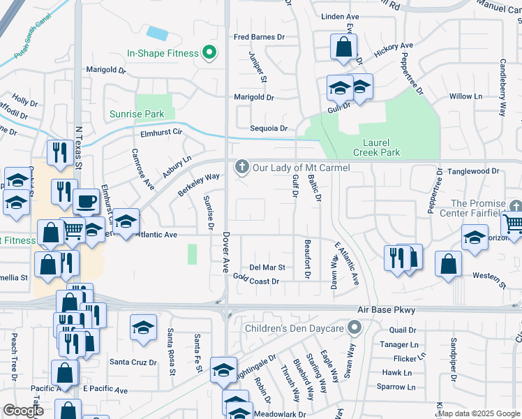 map of restaurants, bars, coffee shops, grocery stores, and more near 730 Capricorn Circle in Fairfield