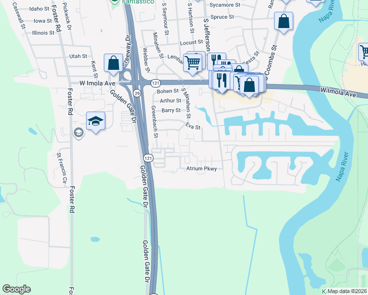 map of restaurants, bars, coffee shops, grocery stores, and more near 2105 Funny Cide Street in Napa