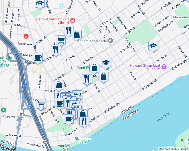 map of restaurants, bars, coffee shops, grocery stores, and more near in Jeffersonville