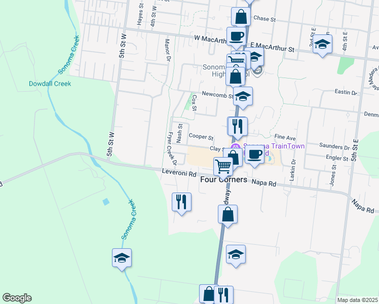 map of restaurants, bars, coffee shops, grocery stores, and more near 1360 Bainbridge Lane in Sonoma