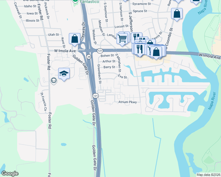 map of restaurants, bars, coffee shops, grocery stores, and more near 2105 Funny Cide Street in Napa