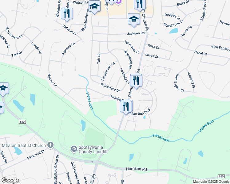 map of restaurants, bars, coffee shops, grocery stores, and more near 11616 Rutherford Drive in Fredericksburg