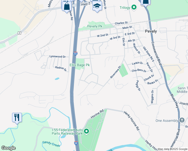 map of restaurants, bars, coffee shops, grocery stores, and more near 703 Oak Avenue in Pevely