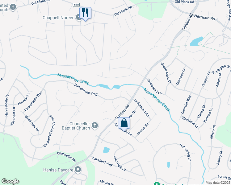 map of restaurants, bars, coffee shops, grocery stores, and more near 6911 Runnymede Trail in Fredericksburg
