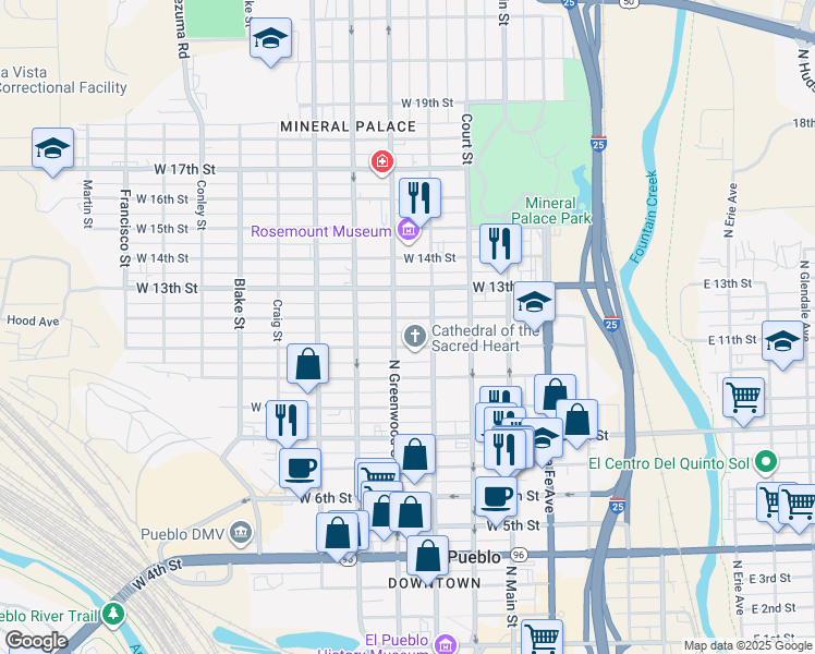 map of restaurants, bars, coffee shops, grocery stores, and more near 423 West 11th Street in Pueblo