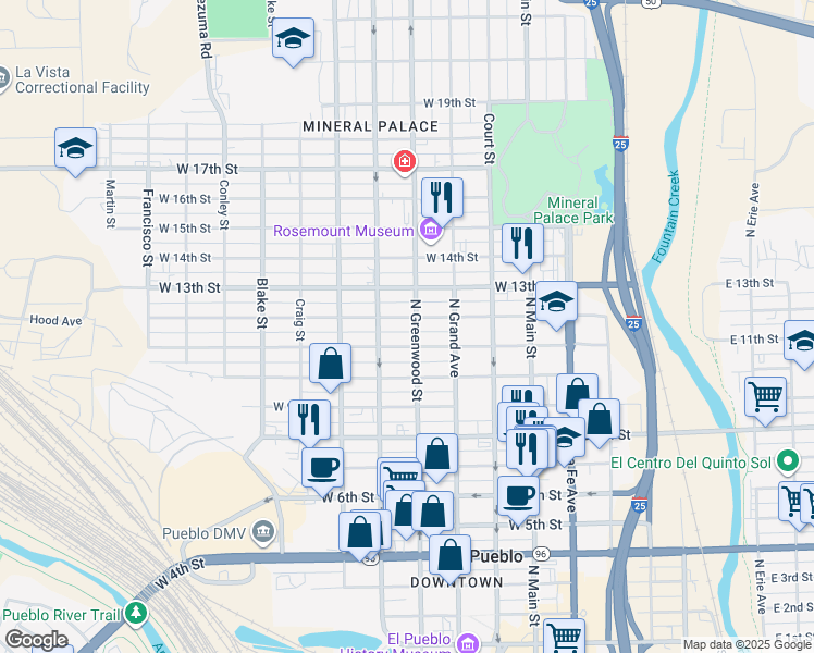 map of restaurants, bars, coffee shops, grocery stores, and more near 423 West 11th Street in Pueblo