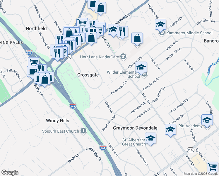 map of restaurants, bars, coffee shops, grocery stores, and more near 1807 Girard Drive in Louisville