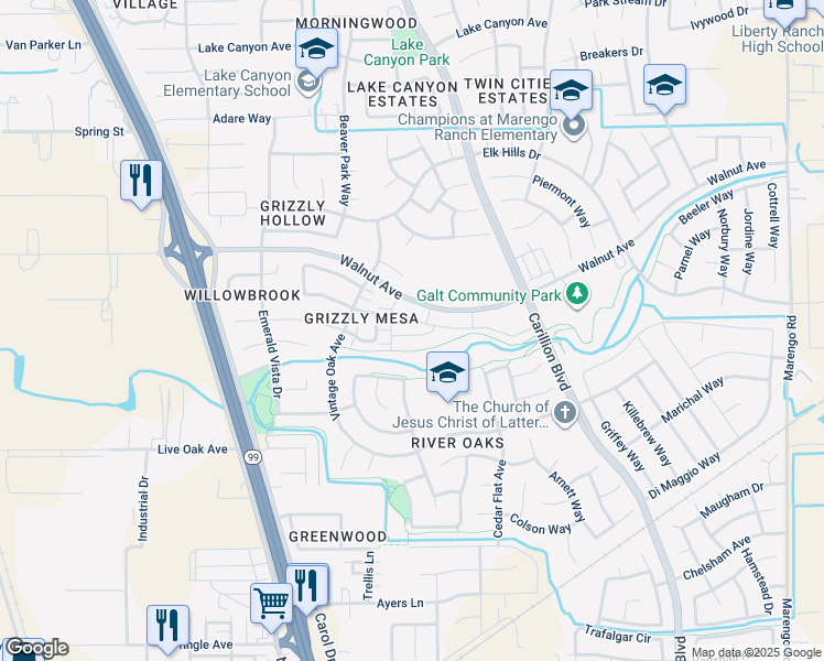 map of restaurants, bars, coffee shops, grocery stores, and more near 859 Pecan Tree Lane in Galt