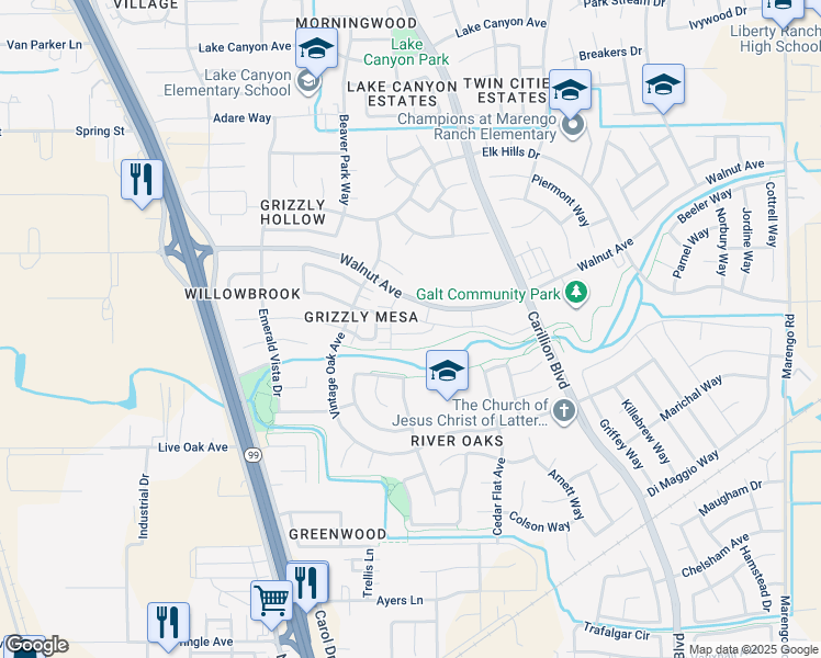 map of restaurants, bars, coffee shops, grocery stores, and more near 859 Pecan Tree Lane in Galt