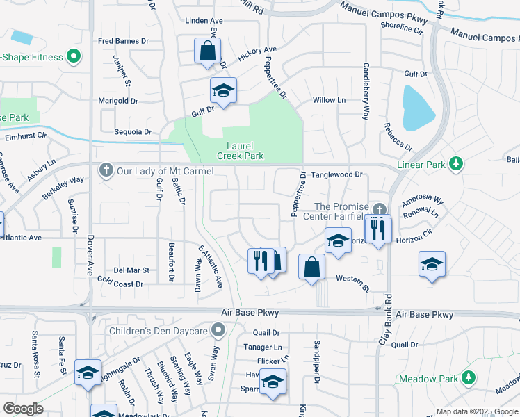 map of restaurants, bars, coffee shops, grocery stores, and more near 1031 Valley Oak Way in Fairfield