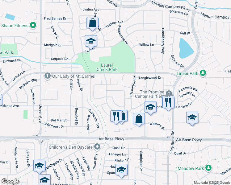 map of restaurants, bars, coffee shops, grocery stores, and more near 1031 Valley Oak Way in Fairfield