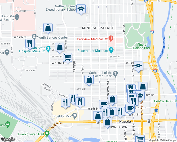 map of restaurants, bars, coffee shops, grocery stores, and more near 712 West 12th Street in Pueblo