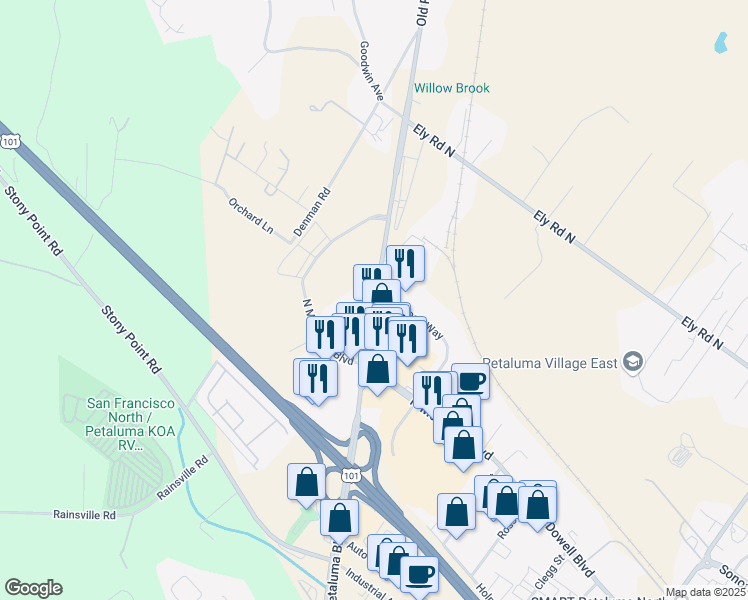 map of restaurants, bars, coffee shops, grocery stores, and more near Redwood Highway North in Petaluma