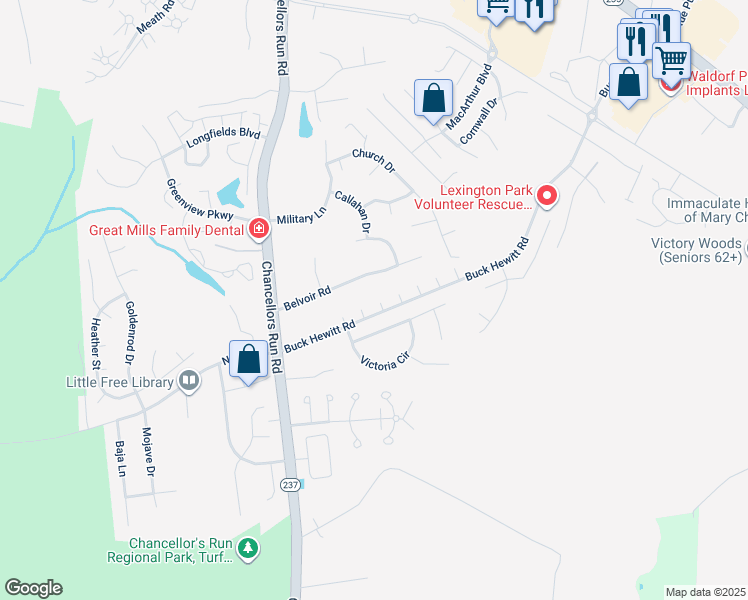 map of restaurants, bars, coffee shops, grocery stores, and more near 22221 Balsam Way in Great Mills