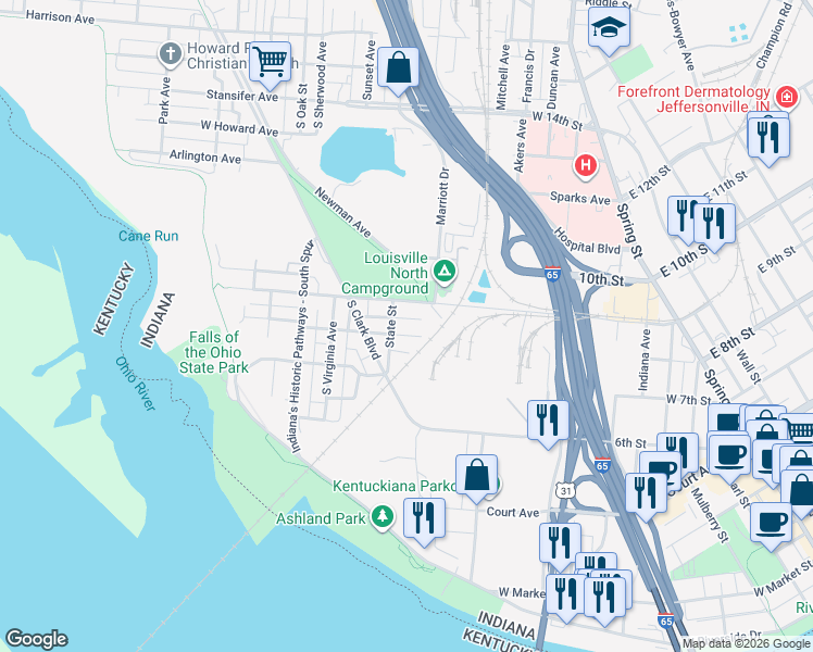 map of restaurants, bars, coffee shops, grocery stores, and more near 300 East Montgomery Avenue in Clarksville