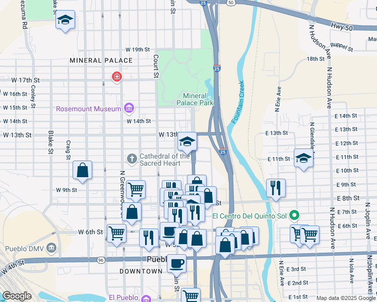 map of restaurants, bars, coffee shops, grocery stores, and more near 106 West 12th Street in Pueblo