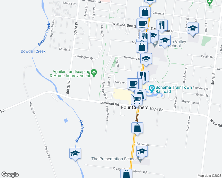 map of restaurants, bars, coffee shops, grocery stores, and more near 239 Clay Street in Sonoma
