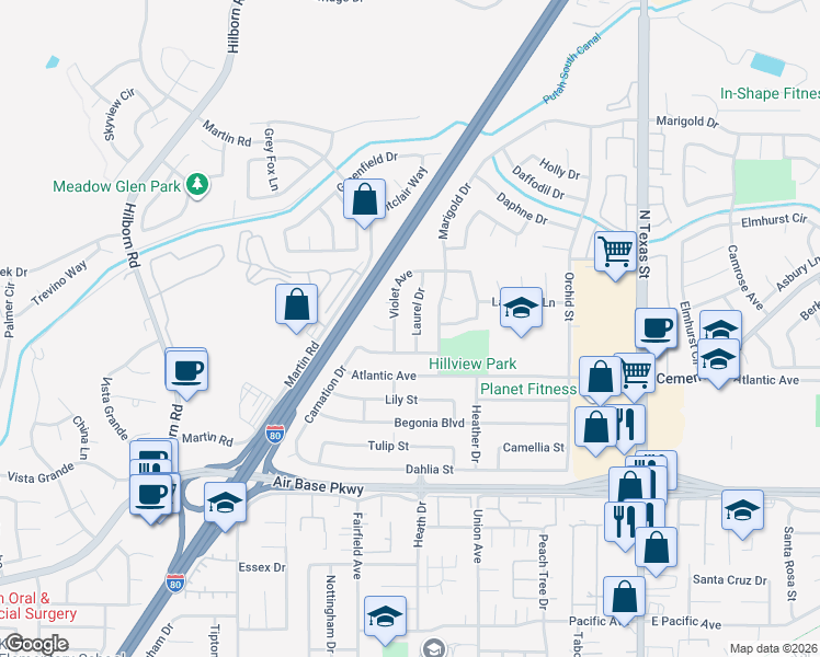 map of restaurants, bars, coffee shops, grocery stores, and more near 2671 Laurel Drive in Fairfield