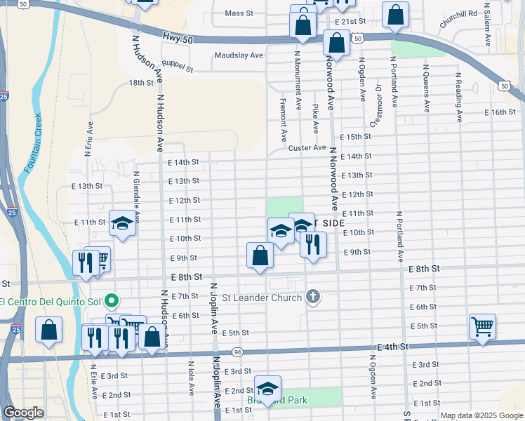 map of restaurants, bars, coffee shops, grocery stores, and more near 1105 North La Crosse Avenue in Pueblo
