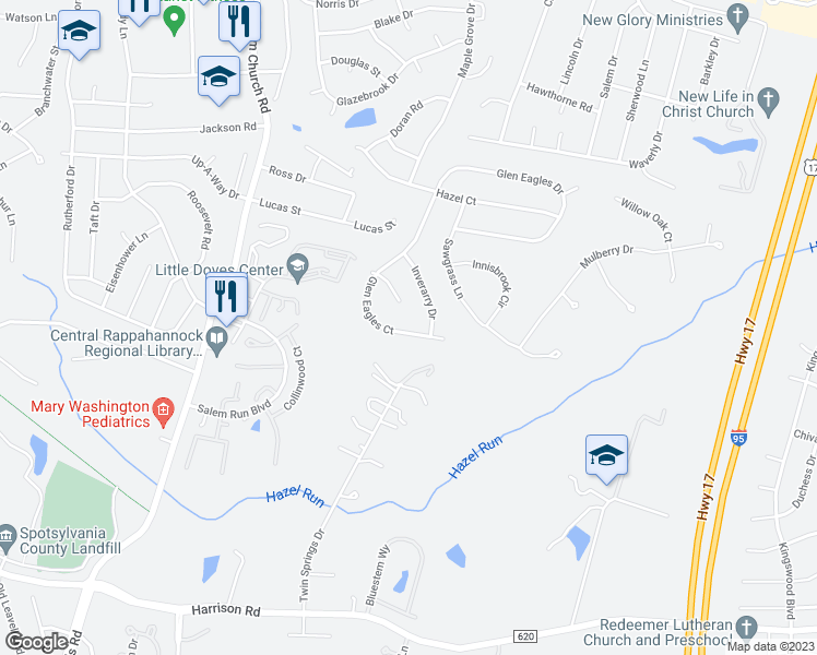 map of restaurants, bars, coffee shops, grocery stores, and more near 5605 Glen Eagles Court in Fredericksburg