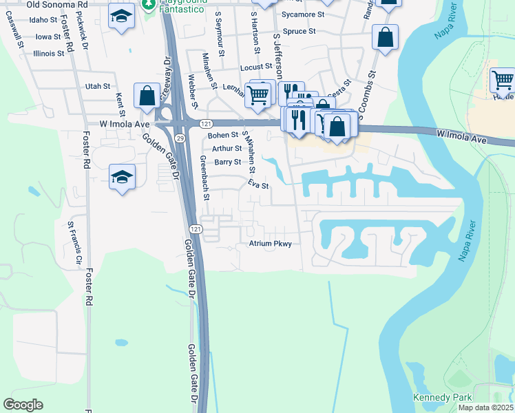 map of restaurants, bars, coffee shops, grocery stores, and more near 755 Ponder Court in Napa