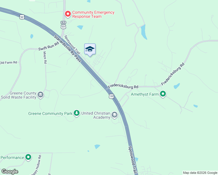 map of restaurants, bars, coffee shops, grocery stores, and more near 43-143 Fredericksburg Road in Ruckersville