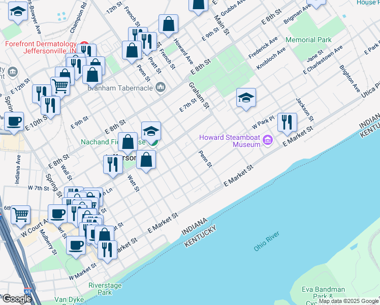 map of restaurants, bars, coffee shops, grocery stores, and more near 807 East Maple Street in Jeffersonville