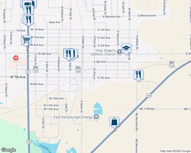map of restaurants, bars, coffee shops, grocery stores, and more near 600-648 South Pine Street in Garnett