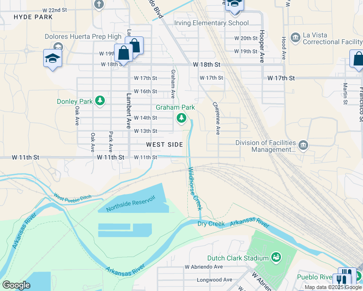map of restaurants, bars, coffee shops, grocery stores, and more near 1900 West 13th Street in Pueblo