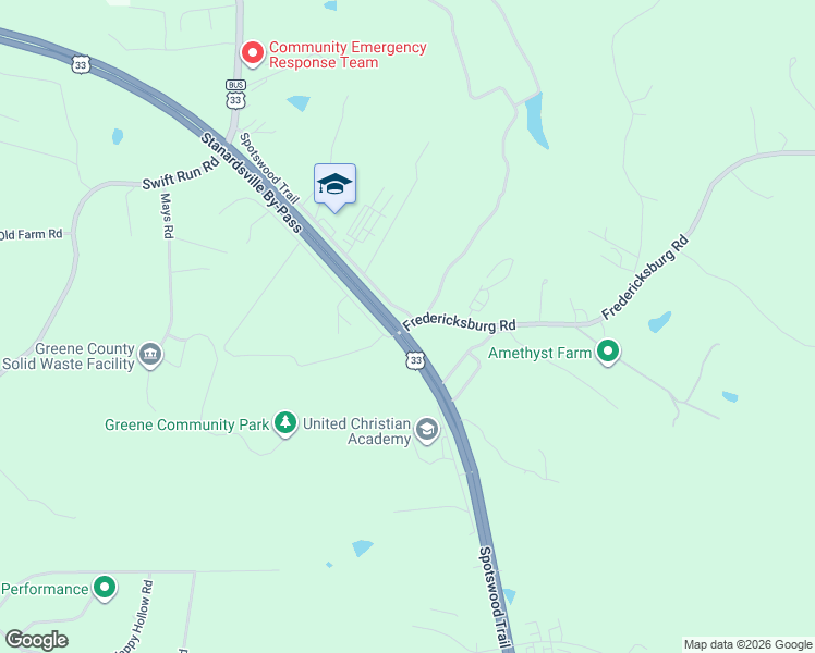 map of restaurants, bars, coffee shops, grocery stores, and more near 43-143 Fredericksburg Road in Ruckersville