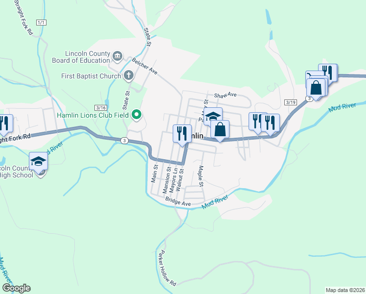 map of restaurants, bars, coffee shops, grocery stores, and more near 338 Mayors Ln in Hamlin