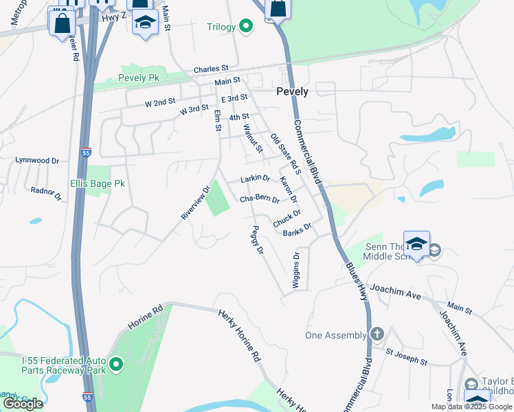 map of restaurants, bars, coffee shops, grocery stores, and more near 821 Cha-Bern Drive in Pevely