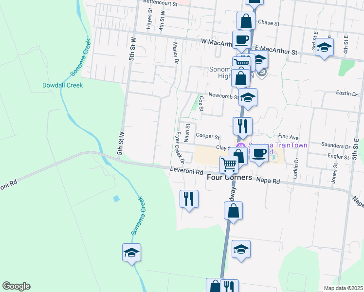 map of restaurants, bars, coffee shops, grocery stores, and more near 1274 Nash Street in Sonoma