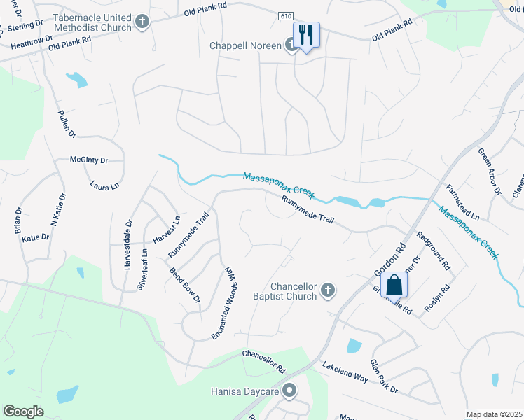 map of restaurants, bars, coffee shops, grocery stores, and more near 11618 Joy Lane in Fredericksburg