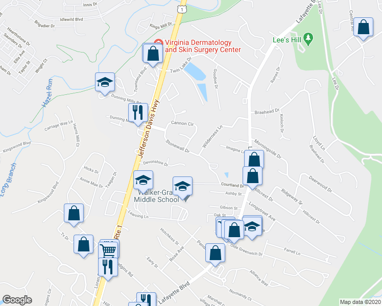 map of restaurants, bars, coffee shops, grocery stores, and more near 210 Stonewall Drive in Fredericksburg