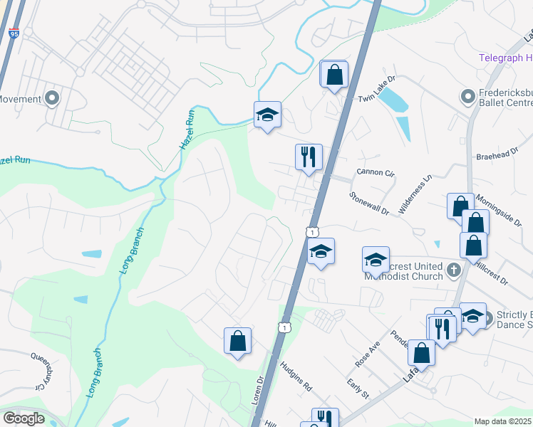 map of restaurants, bars, coffee shops, grocery stores, and more near 1504 Hudgins Farm Circle in Fredericksburg