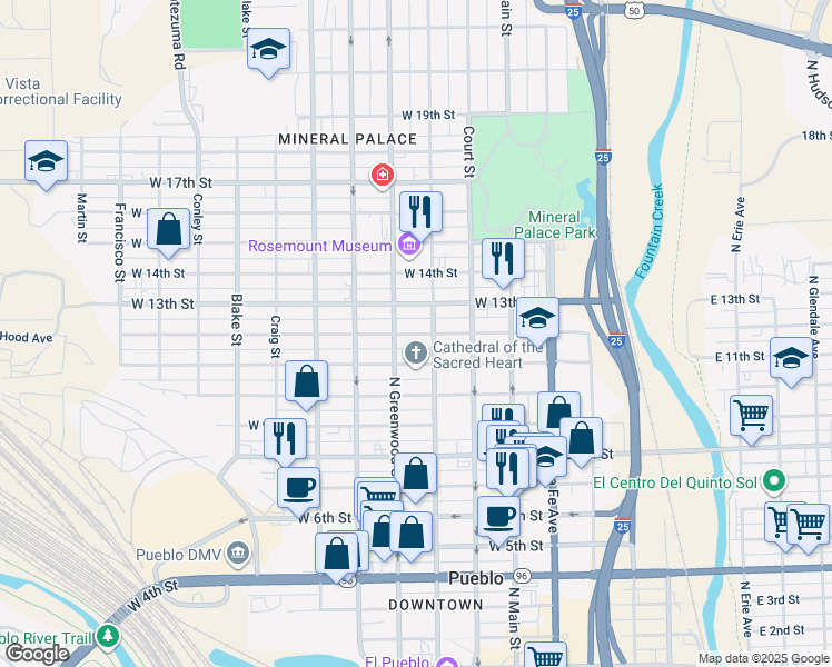 map of restaurants, bars, coffee shops, grocery stores, and more near 1226 North Greenwood Street in Pueblo